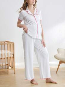 Moonlight&Mama 2 Packs Maternity Short Sleeve Nursing Pajama Set With Button,Lounge Set Fashion Sleepwear - Beige - View 5