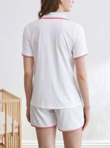 BloomMama 两件装孕妇短袖哺乳睡衣套装，带纽扣，家居服时尚睡衣 - 米色 - 查看 3