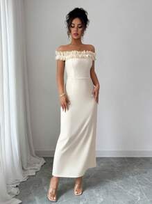 Elenzga 1 Stück Damen Elegant Romantik Kleid mit Rüschen-Trim an der Schulter und Taille