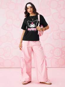 HELLO KITTY AND FRIENDS | SHEIN Áo thun nữ tay ngắn in họa tiết cổ tròn cỡ lớn dễ thương, thoải mái, dễ thương, mặc khi trở lại trường vào mùa hè, 2 chiếc - Màu tím - Xem 6