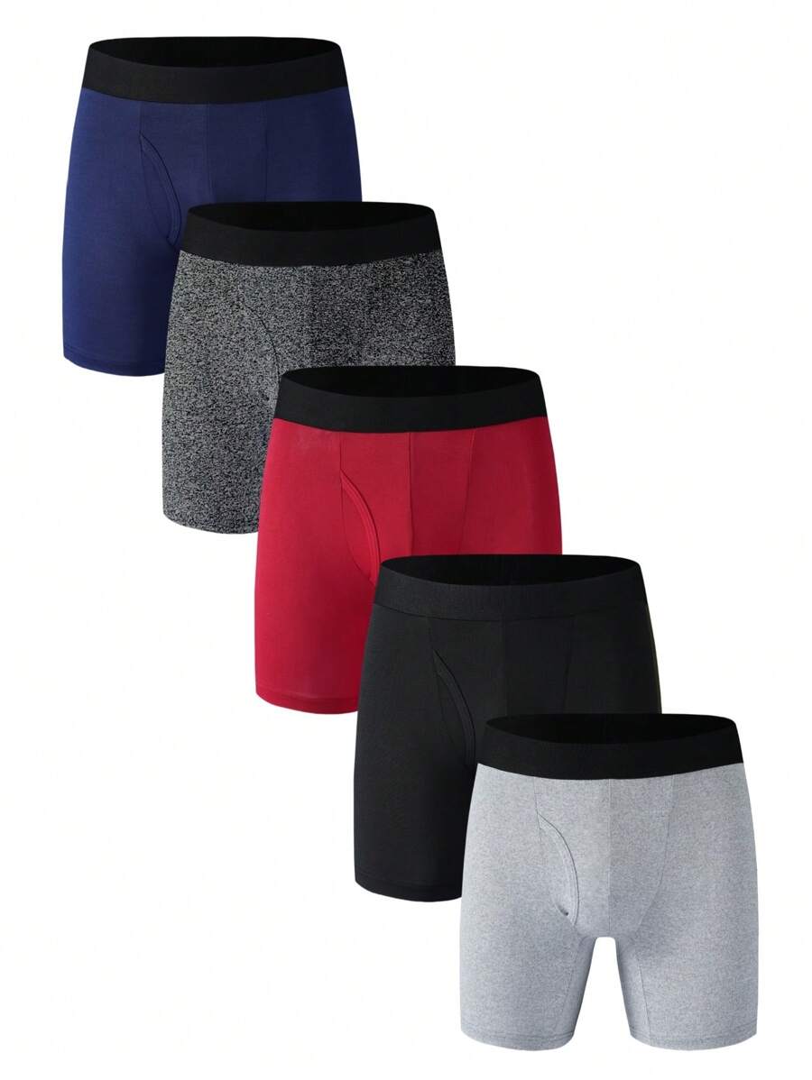 SHEIN 5pcs/Pack Men's Solid Color Breathable Boxer Briefs - Multicolor - View 1