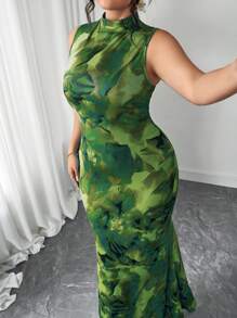 Elenzga French Elegant Floral High Neck Sleeveless Dress For Women, 2025 New High Waisted Figure-Flattering Mature Elegant Dress, Waist-Cinched Maxi Dress, Lightweight & Casual Vacation Dress, Ruffled Hem Slimming Long Dress, Summer Floral Print A-Line Maxi Dress - Green - View 4