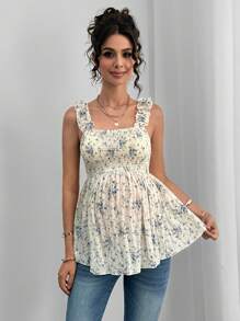 Momance Maternity Ruffle Edge Wide Strap Front & Back Gathered A-Line Sleeveless Camisole