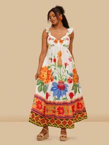 Travachic Damen Große Größen Mehrfarbiges Blumenprint Boho Stil Kleid mit Kappärmeln und Twist Vorderseite, geeignet für Sommerurlaub