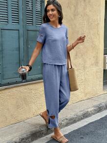 Breezaya Bộ 2 món Áo sơ mi cổ tròn tay ngắn khoét rỗng cho nữ + Quần dài thường ngày khoét rỗng - Màu xanh lam - Xem 5