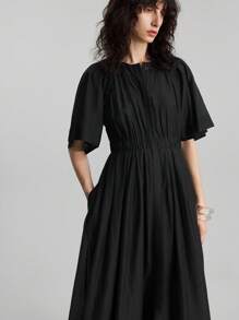 Ontre 2025夏季女士褶裥插肩袖单排扣口袋休闲黑色连衣裙，优雅女士度假长裙，女士休闲长裙，度假海滩毕业教师装，圣诞节服装，秋冬新年服装 - 黑色 - 查看 3