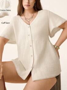 SHEIN LUNE Plus Size Summer Women's Cozy Fit Apricot Slouchy Casual Style Renaissance Fair Puff Sleeve Boho Blouse Relaxed Bohemian Blouse, Summer Short Sleeve Simple Casual Everyday Blouse Casual Vacation Mother's Day Gift Mama Mother Day Boho Blouse - Apricot - View 11