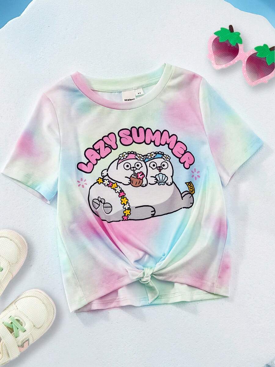 SEALOOK X SHEIN Áo thun tay ngắn in hình chú hải cẩu dễ thương cho bé gái mùa hè - Nhiều màu - Xem 1