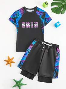 Tween Boy Round Neck Raglan Sleeve Summer Casual Swimsuit, Two-Piece Swimwear With Printed Design