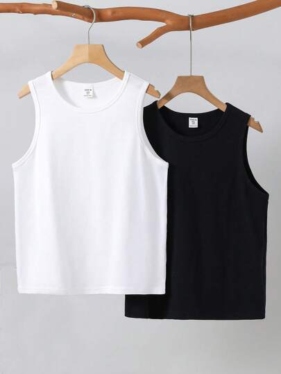SHEIN 2pcs/Set Tween Boy Casual Comfortable Solid Color Knitted Vest, School, Campus, College