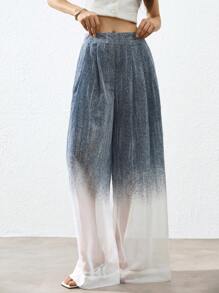 Aveloria Affinna Blue Ombre Flocked Texture Special Fabric High-End Design Loose Casual Versatile Wide Leg Semi-Sheer Women Long Pants Fall Cloth For Women