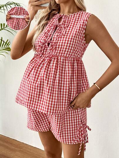SHEIN Maternity Two Pieces Suits 2pcs Women Plaid Lace-Up Camisole And Shorts Clothes Set, Valentine's Day