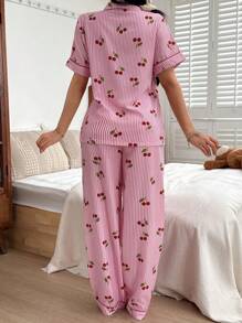 SHEIN 女士樱桃条纹印花翻领短袖睡衣套装