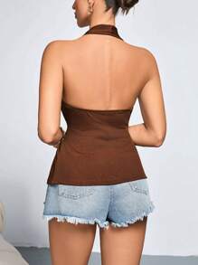 SHEIN Tall Top feminino sexy bordado sem costas com decote halter, verão