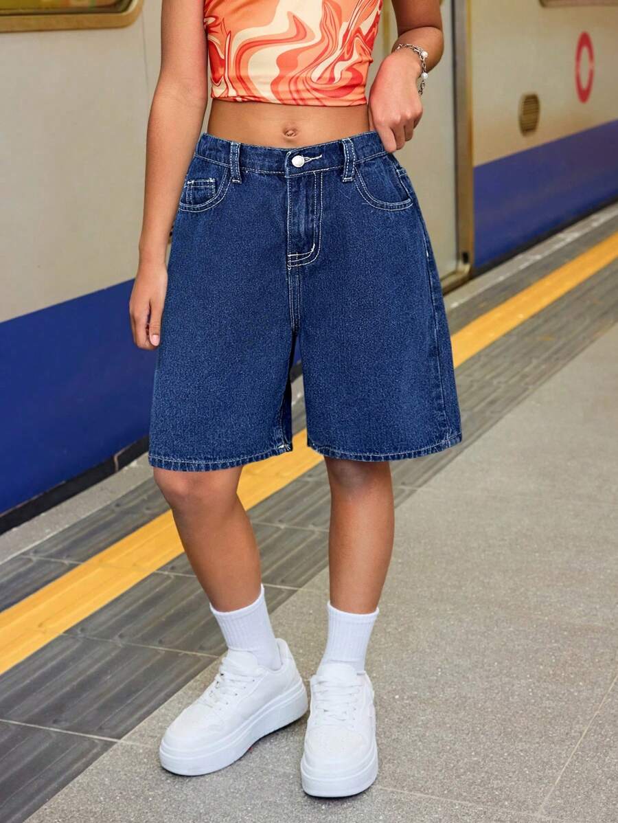 SHEIN 千禧年代复古水洗休闲宽松牛仔阔腿及膝短裤，适合青少年女孩秋季返校季街头服饰