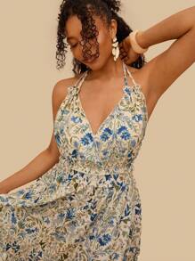 Travachic Đầm Maxi Cổ Halter In Hoa Cỡ Lớn Cho Nữ, Phong Cách Kỳ Nghỉ - Màu be - Xem 4