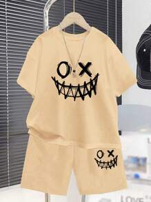 SHEIN Leap Crew 2 件套青少年男童休闲简约风格圆领短袖短裤套装，适合夏季