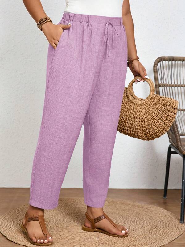 SHEIN Frenchy Plus Size Solid Color Casual Trousers With Elastic Waist And Diagonal Pockets