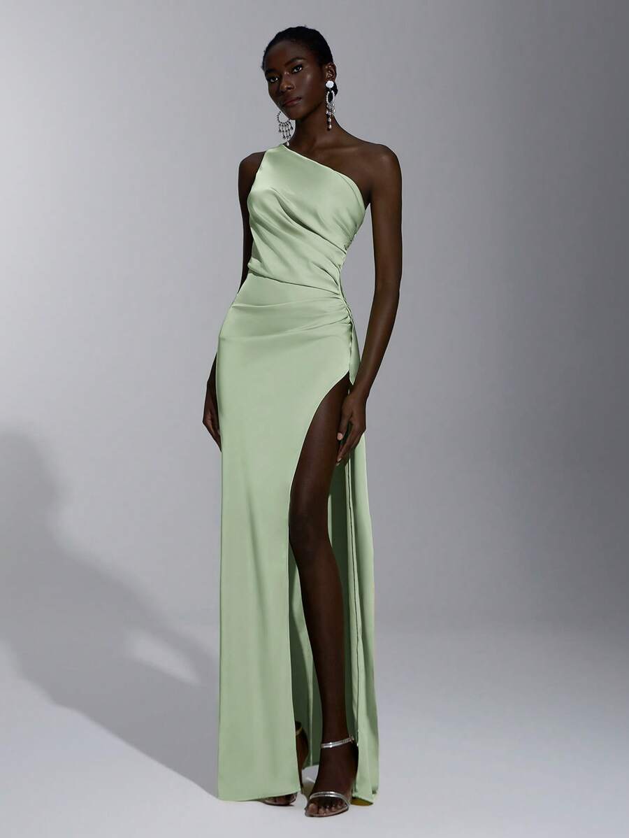 Elitara Elegant, Romantic, Sexy, Minimalist, Satin, Stretchy, Backless, Ruffle Hem, Bodycon, High Slit, Fashionable, Influencer Style, Party, Holiday, Birthday, Wedding, Bridesmaid Dress Green - Green - View 1