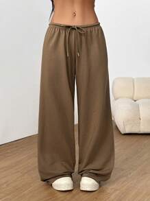 SHEIN EZwear Pantalones anchos de chándal de cintura con cordón, unicolor, casual para mujer. Pantalones cargo para graduación, regreso a la escuela, atuendos de maestro