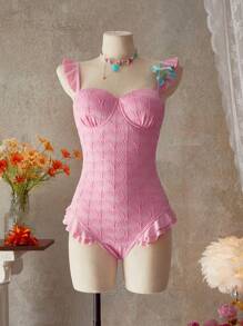 SHEIN Swim Women's Cute Jacquard Fabric Spaghetti Strap Push Up Ruffled Swimsuit