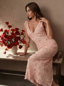 SHEIN Unity 优雅修身珍珠贴花女士连衣裙，适合夏季、海滩、节日、度假、性感、派对 - 粉色 - 查看 5