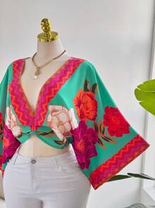 Sweetra 大码 V 领花卉数码印花度假衬衫