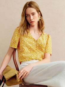 Écloséra 女士法式度假通勤短袖黄色刺绣衬衫