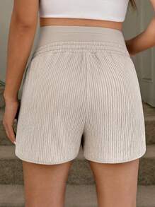SHEIN Quần short cạp cao màu trơn thường ngày mùa hè cho bà bầu, vải lanh dệt kim - Màu be - Xem 2