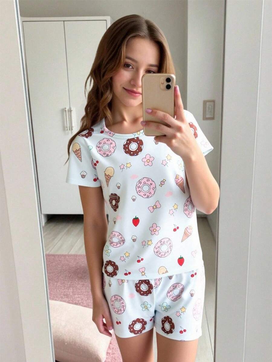 2 件套青少年女孩冰淇淋印花紧身圆领短袖衬衫和短裤睡衣套装，夏季