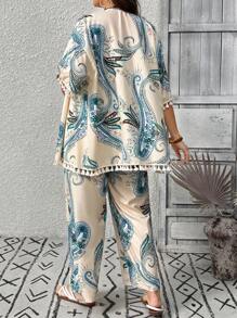 SHEIN Tall Casual Vacation Style Tassel Decor Random Print 2pcs Set, Plus Size Summer Women Clothes Curve Plus Vacation Women Clothes Curve Women Sets Two Pieces Two Pieces Summer Outfits Tall Women Clothes - Multicolor - View 2