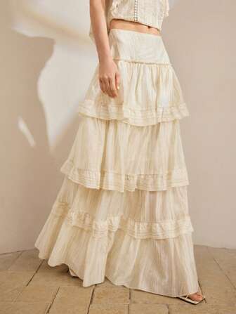 Ontre 女式长款荷叶边下摆优雅多层半身裙，女士春夏服饰