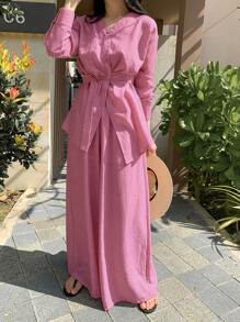 DAZY 2 件套优雅不对称衬衫上衣和阔腿裤套装，适合女士，秋季女装