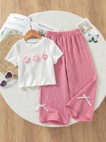 Set de 2 piezas para niñas (tamaño pequeño) que incluye una camiseta texturizada con decoración floral 3D y pantalones casuales largos, adecuado para estar en casa y salidas casuales