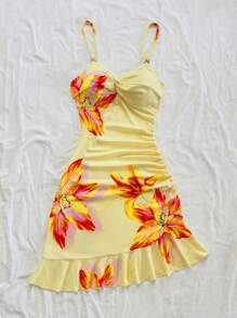 Soleia Đầm ngắn hở vai thiết kế xoắn họa tiết hoa dành cho nữ - Màu vàng - Xem 4