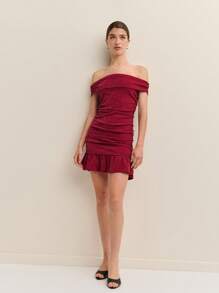 Nöista 露肩迷你连衣裙荷叶边细节闪亮外出连衣裙度假装女士夏季连衣裙 - 紅色 - 查看 4