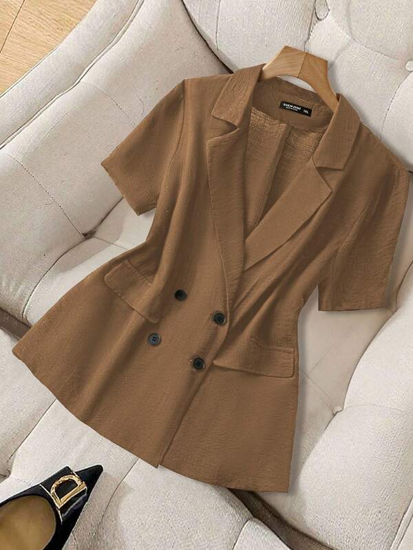 SHEIN Clasi Blazer court à manches courtes et fin pour femmes grandes tailles avec poche décorative, décontracté et confortable, convient pour les trajets quotidiens et le port de tous les jours