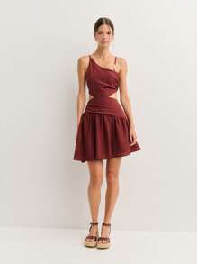 One-Shoulder Cutout Mini Dress In Soft Textured Fabric. Flowy Skirt With Flattering Silhouette-Perfect For Summer Parties, Holiday Outfits, Or São João Vibes. - Brown - View 5