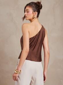 L'Amorae 女士单肩镂空缎面系带春夏上衣 - 綠色 - 查看 2