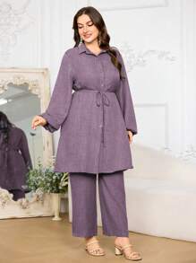 Lacomfia 2pcs Women Plus Size Casual Button-Decorated Waist Tie Long Sleeve Shirt And Pants Set Fall Cloth For Women - Dusty Purple - View 5