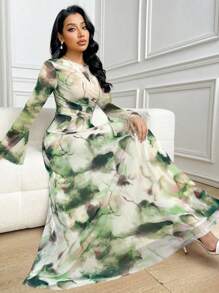 Veilorie Vestido con mangas abullonadas de estampado de tie-dye elegante para mujer