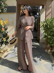 DAZY Elegant Asymmetric Blouse Top & Wide Leg Pants 2 Pieces Set For Women Fall/Winter Lounge Sets For Women - Rust Brown - View 6