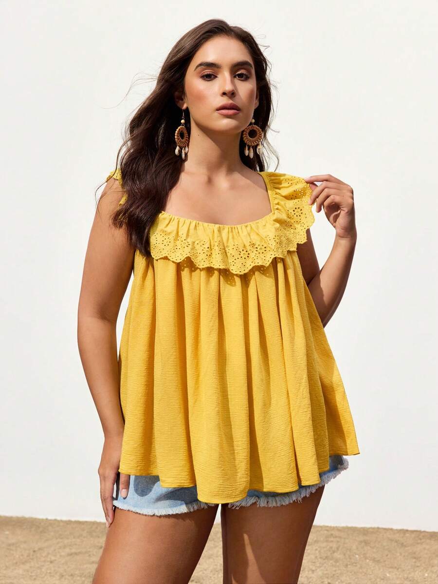 Maija Plus Size Women Patchwork Embroidery & Ruffle Hem Loose Cami Top Summer Women Vacation - Yellow - View 1