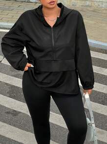 Muchica Plus Half Zip Drop Shoulder Hooded Jacket Winter Fall Autumn - Black - View 4