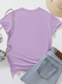 SHEIN LUNE Love Letter Slogan Round Neck Short Sleeve Plus Size Fashionable T-Shirt - Purple - View 2