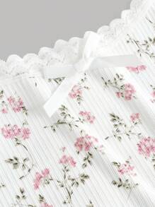 SHEIN Girlism Tween Girl Casual Home Lace Trim Ribbon Bow Ditsy Floral Camisole And Fitted Short Set - Pink - View 4