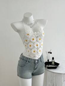 Elamini Women Casual Vacation Sunflower Lace Patchwork Back Hollow-Out Halter Neck Blouse, Spring/Summer - White - View 3