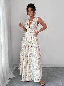 Elenzga Women's Holiday Summer Outfit, Graduation, Independence Day, Inspired By Ibiza, Romantic Alluring Woven Daisy Ditsy Floral Halter Criss-Cross Open Back Bowknot Deep V Waist Cut Open Leg Jumpsuit - Apricot - View 4