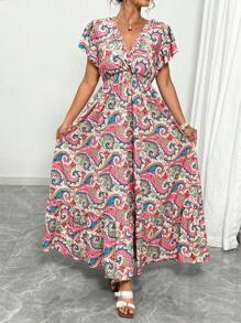 Elenzga Plus Size Women Elegant One-Shoulder Cinched Waist Sexy Fresh Floral Print Casual Dress For Spring & Summer - Multicolor - View 5