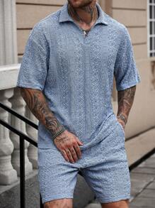 Manfinity Homme Men's Textured Knit Polo Shirt And Shorts Set Men Two Piece Casual Short Sets Mens Baby Blue Short Set Crochet Mens Short Set
